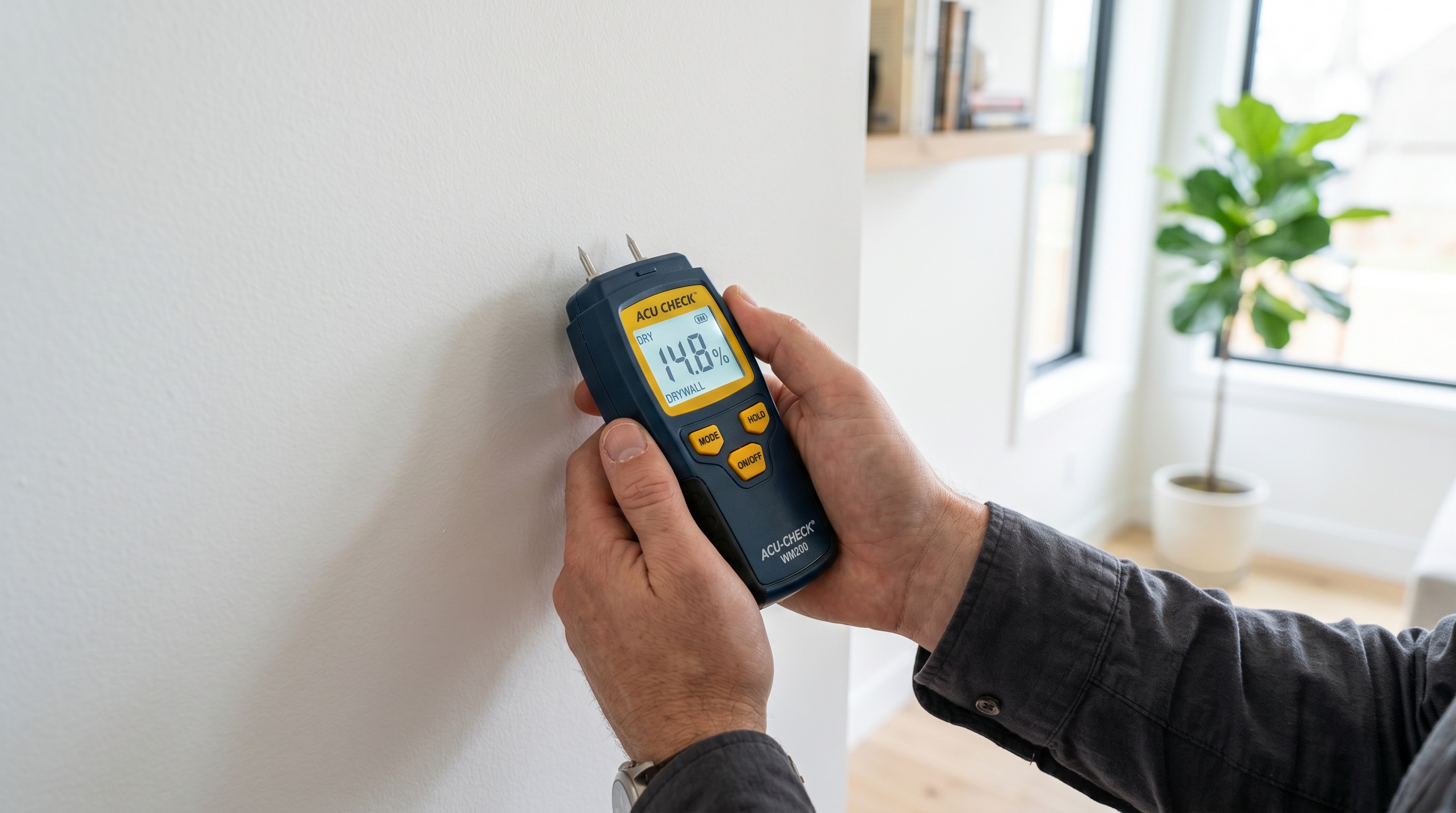 Higrómetro digital mostrando nivel de humedad relativa en habitación